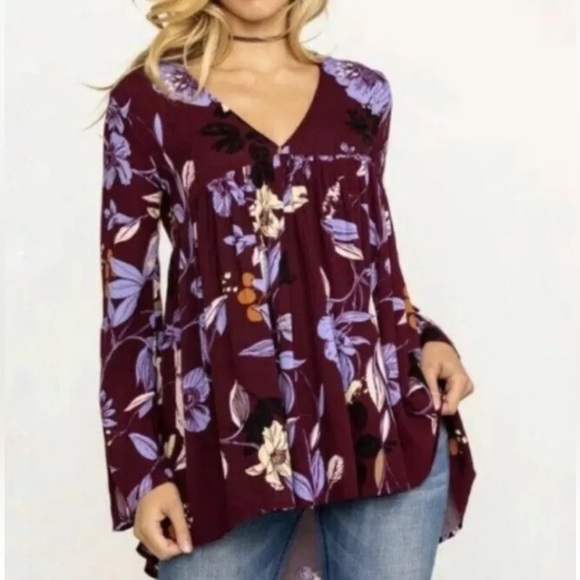 Free People Bella Floral Bell Sleeve Tunic Maroon Print V-Neck Blouse XS - Picture 2 of 10